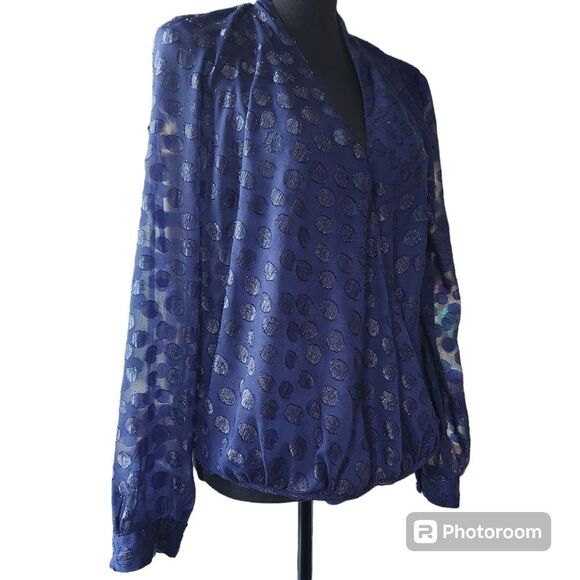 JLO Shimmering Crossover top Polka Dot Blue Long Sleeves Drape Front Blouse Sz L - Picture 4 of 10